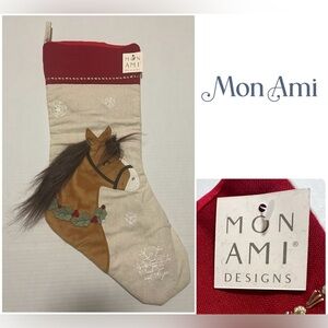 🆕MON AMI DESIGNS - NWT - HORSE AND HOLLY EMBROIDERED CHRISTMAS STOCKING